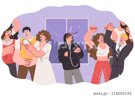 Introvert man stands alone in disco with dancing people and embarrassed to participate in party 118005193