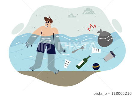 Child suffers due to ocean pollution and garbage thrown into water, which interferes with swimming 118005210