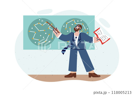 Man astronomer studies star map and points out constellations, giving lecture to university students 118005213