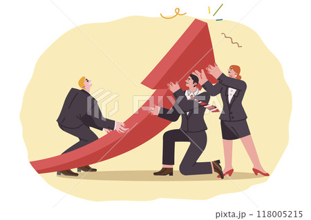 Synergy of business people working together to achieve common goal, and raising graph arrow up Synergy of business people working together to achieve common goal, and raising graph arrow up 118005215