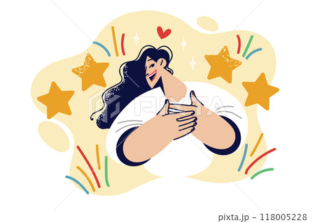 Grateful woman gives 4 star rating for excellent service and places hands on chest Grateful woman gives 4 star rating for excellent service and places hands on chest 118005228