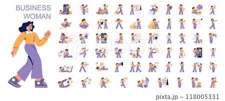 Businesswoman set. Dynamic professional woman in various work scenarios. Leadership, multitasking, and creativity in business activities. Vector illustration. 118005331
