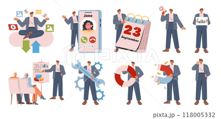 Businessman set. Various corporate activities and tasks. Presenting data, time management, networking, and strategic planning. Vector illustration. Businessman set. Various corporate activities and tasks. Presenting data, time management, networking, and strategic planning. Vector illustration. 118005332