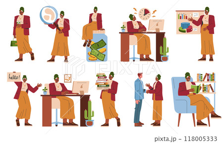 Businesswoman set. Diverse activities of a professional woman in various work situations. Office dynamics, client meetings, and financial management. Vector illustration. 118005333