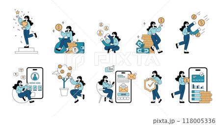 Businesspeople set. Digital finance, online banking, and investment management. Earning rewards, secure transactions, social media strategy. Vector illustration. Businesspeople set. Digital finance, online banking, and investment management. Earning rewards, secure transactions, social media strategy. Vector illustration. 118005336