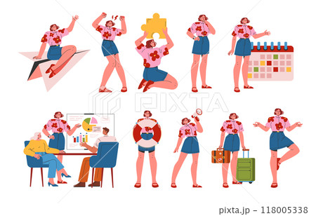 Young businesswoman set. Diverse professional scenarios and leisure activities. Work presentations, travel readiness and problem-solving. Vector illustration. 118005338