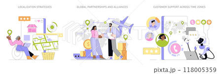 Global Market Expansion set. Showcasing localization strategies, establishing partnerships, and customer support across time zones. Strategic business growth concepts. Vector illustration. Global Market Expansion set. Showcasing localization strategies, establishing partnerships, and customer support across time zones. Strategic business growth concepts. Vector illustration. 118005359