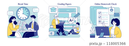 Teacher's Daily Routine set. Educators during break time, grading papers, and checking homework online. Vector illustration. Teacher's Daily Routine set. Educators during break time, grading papers, and checking homework online. Vector illustration. 118005366