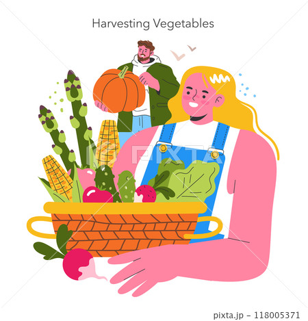 Garden Girl concept. A cheerful woman presents a basket full of fresh vegetables with a man holding a pumpkin in the background. Autumn harvest joy. Vector illustration. 118005371