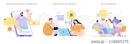Innovation process set. Customer feedback, prototyping, and brainstorming stages illustrated. Design thinking and product development workflow. Vector illustration. Innovation process set. Customer feedback, prototyping, and brainstorming stages illustrated. Design thinking and product development workflow. Vector illustration. 118005375