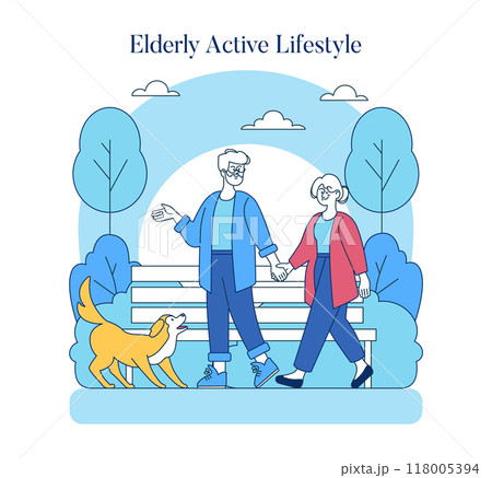 Elderly Active Lifestyle illustration. Senior couple enjoying a walk with their dog in the park. Promoting wellness and sociability in retirement. Vector illustration. 118005394