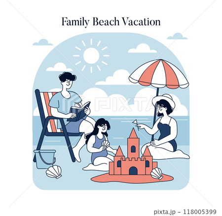 Family Beach Vacation concept. Parents with child enjoying seaside, building sandcastle under umbrella. Relaxing summer holiday scene in duo tone. Vector illustration. 118005399