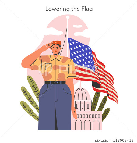 Patriot Day concept. A service member salutes while lowering the American flag at a symbolic building, conveying respect and remembrance. Vector illustration. 118005413