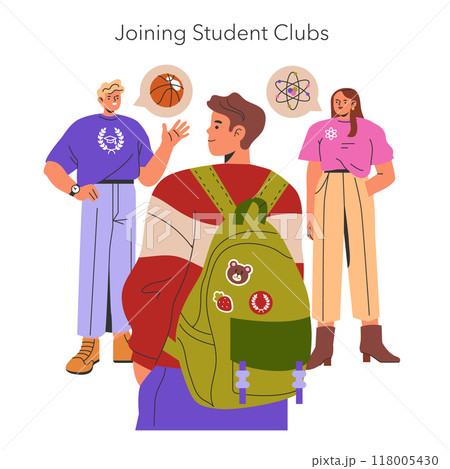 Freshman Year concept. Engaging in campus life with student clubs, featuring diverse interests from sports to science. College social experience. Vector illustration. 118005430