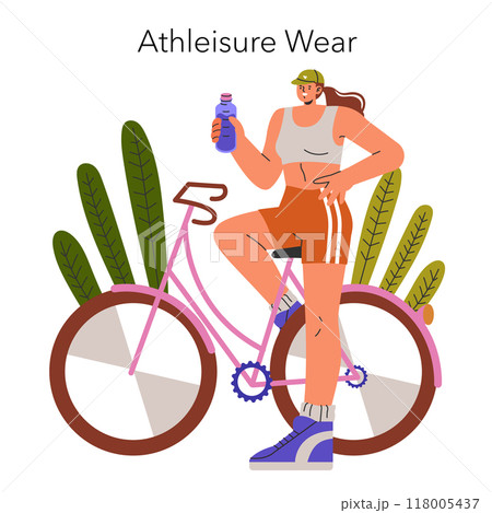 Athleisure Wear concept. Stylish woman in sports casual outfit standing by a bike, reflecting modern lifestyle. Comfort meets fashion in active wear. Vector illustration. Athleisure Wear concept. Stylish woman in sports casual outfit standing by a bike, reflecting modern lifestyle. Comfort meets fashion in active wear. Vector illustration. 118005437