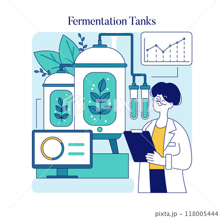 Biotechnology concept. Scientist monitoring bio-fermentation process in lab with industrial tanks. Plant-based bioproduct development. Vector illustration. Biotechnology concept. Scientist monitoring bio-fermentation process in lab with industrial tanks. Plant-based bioproduct development. Vector illustration. 118005444