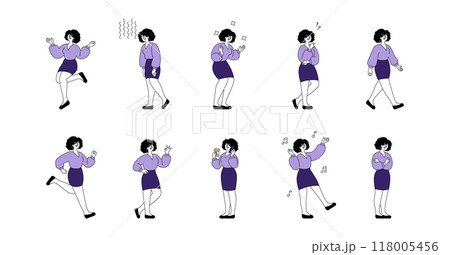Businesswoman character set. Various activities and emotions at work. Professional engagement, decision-making, and relaxation. Vector illustration. Businesswoman character set. Various activities and emotions at work. Professional engagement, decision-making, and relaxation. Vector illustration. 118005456