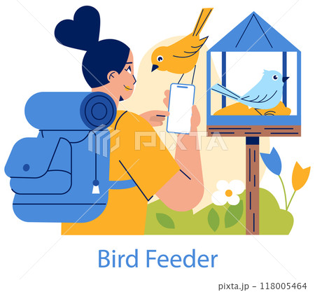 Birdwatching concept. Enthusiast capturing memories of vibrant avian life at a bird feeder. Outdoor recreational activity bonding with nature. Vector illustration. 118005464