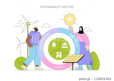 Sustainability and ESG concept. Individuals advocate for renewable energy and corporate responsibility. Environmental, social, governance integration. Vector illustration. Sustainability and ESG concept. Individuals advocate for renewable energy and corporate responsibility. Environmental, social, governance integration. Vector illustration. 118005468