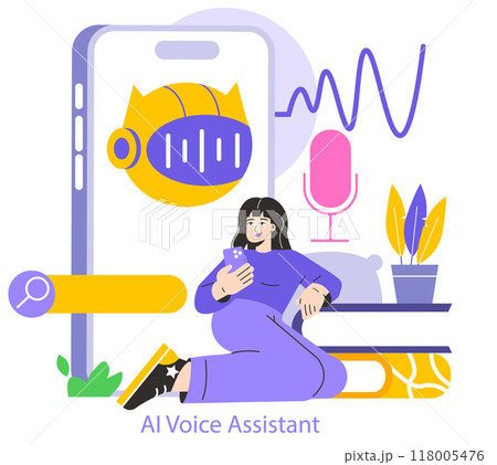 Mobile AI concept. A woman interacts with an AI voice assistant on her smartphone, showcasing modern technology use. Digital assistant application in daily life. Vector illustration. 118005476