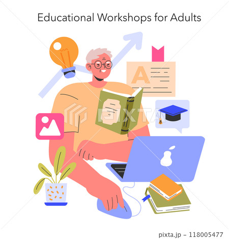 Adult Education Concept. Lifelong learning and skill improvement through educational workshops. Online courses, reading, career growth. Vector illustration. 118005477