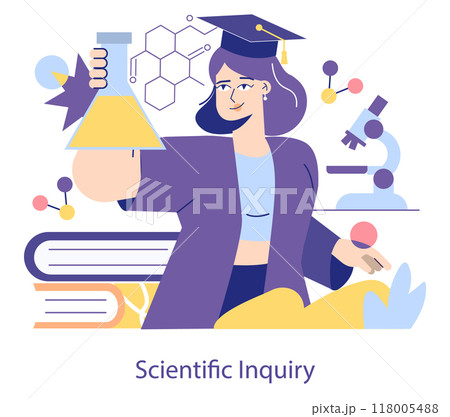 STEM Education concept. A female graduate explores with scientific tools, representing the pursuit of knowledge in science and technology. Dynamic learning and discovery process. Vector illustration. STEM Education concept. A female graduate explores with scientific tools, representing the pursuit of knowledge in science and technology. Dynamic learning and discovery process. Vector illustration. 118005488