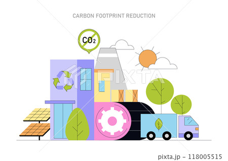 Carbon Footprint Reduction concept. Sustainable urban landscape with renewable energy and recycling initiatives. Clean environment and eco-friendly solutions. Vector illustration. Carbon Footprint Reduction concept. Sustainable urban landscape with renewable energy and recycling initiatives. Clean environment and eco-friendly solutions. Vector illustration. 118005515
