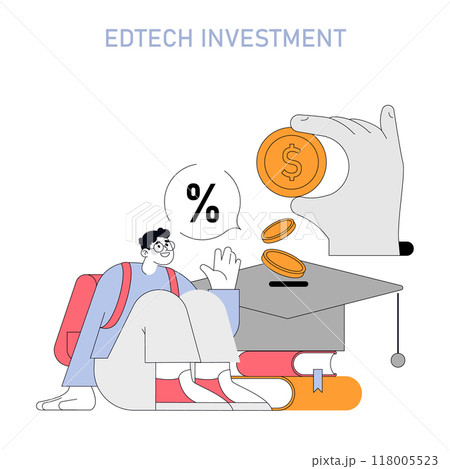 EdTech Investment concept. An illustration capturing the investment in education technology, featuring a student, coins, and graduation cap. Financial growth in learning. Vector illustration. EdTech Investment concept. An illustration capturing the investment in education technology, featuring a student, coins, and graduation cap. Financial growth in learning. Vector illustration. 118005523