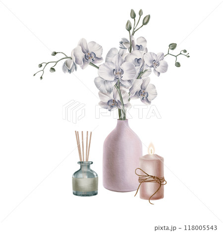 Burning candle with rope and sprigs of tropical white orchid flowers with buds in decorative interior matte vase pink-grey color,aroma diffuser for home with sticks.Watercolor illustration 118005543