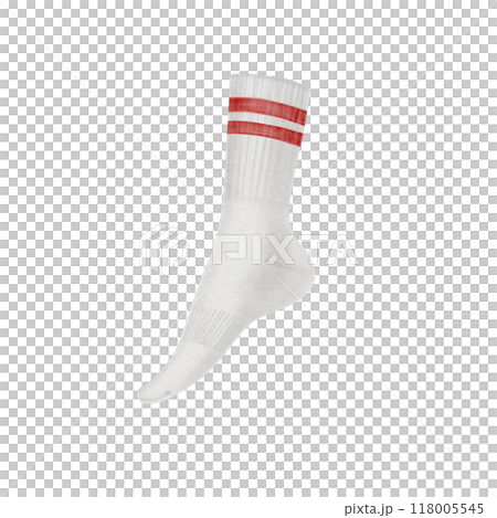 Sporty white welted mid-length sock with two red stripes on the elastic band. Isolated illustration on a white background for your sports-themed projects Sporty white welted mid-length sock with two red stripes on the elastic band. Isolated illustration on a white background for your sports-themed projects 118005545