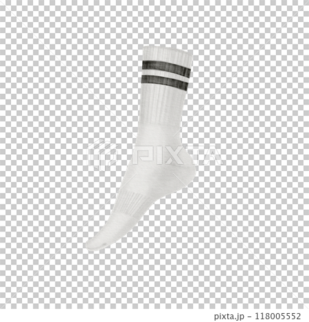 Sporty white welted mid-length sock with two black stripes on the elastic band. Isolated illustration on a white background for your sports-themed projects 118005552