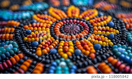 Indigenous Peoples' Day. A vibrant display of Indigenous beadwork, showcasing the intricate patterns and colors that represent their cultural heritage Indigenous Peoples' Day. A vibrant display of Indigenous beadwork, showcasing the intricate patterns and colors that represent their cultural heritage 118005842