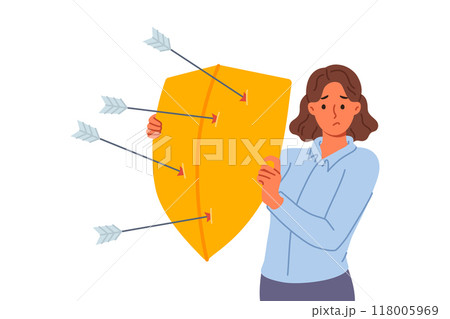 Upset woman defends from arrows of enemies, covering with shield to avoid injury Upset woman defends from arrows of enemies, covering with shield to avoid injury 118005969