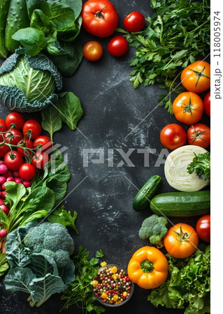 Fresh, organic vegetables arranged artfully in a frame on a black background, showcasing vibrant colors and promoting healthy eating, plant-based nutrition, and farm-to-table produce 118005974