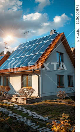 residential building on European street with solar panels installed on the roof. summer. Realistic photography. 118005975