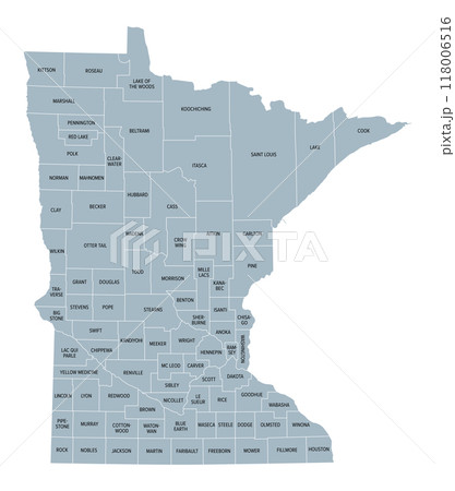 Minnesota counties, gray political map. Minnesota, a state in the Upper Midwestern region of the United States, subdivided into 87 counties. Map with boundaries and county names. Illustration. Vector 118006516
