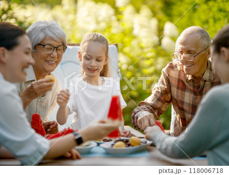 family spending time together in summer morning family spending time together in summer morning 118006718