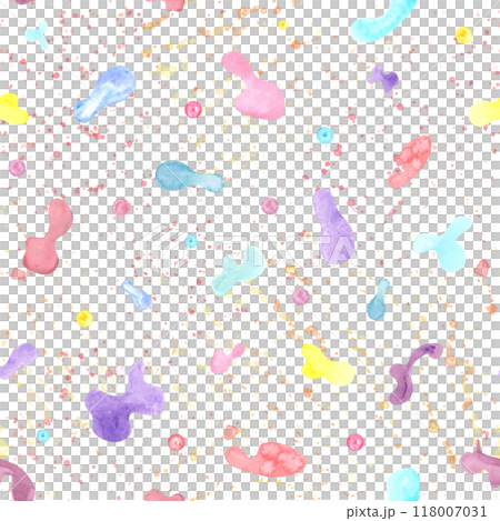 Abstract watercolor pastel cute stains, strokes, spray seamless fun kid pattern. Multicolored magical and fantasy spots, splashes illustration for child textile, birthday decor, scrapbooking paper 118007031