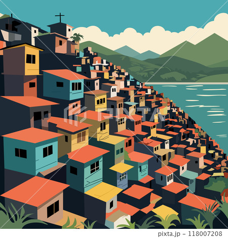 Brazilian favela landscape. Bright vector illustration Brazilian favela landscape. Bright vector illustration 118007208