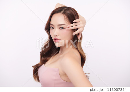 Beautiful young asian woman with clean fresh skin on white background, Face care, Facial treatment, Cosmetology, beauty and spa, Asian women portrait. 118007234
