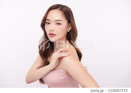 Beautiful young asian woman with clean fresh skin on white background, Face care, Facial treatment, Cosmetology, beauty and spa, Asian women portrait. Beautiful young asian woman with clean fresh skin on white background, Face care, Facial treatment, Cosmetology, beauty and spa, Asian women portrait. 118007235
