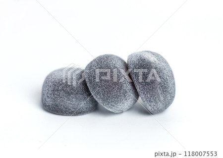 Three mochi isolated on white Background . Mochi - Japanese dessert, sweets. Black Mochi food 118007553