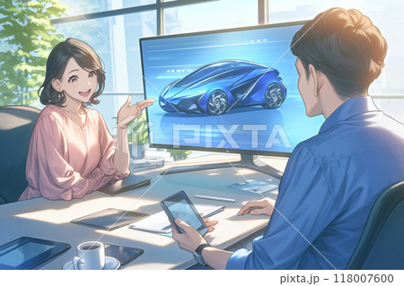 近未来的な乗り物のデザインを検討するデザイナー男女_4 118007600