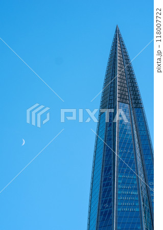 the top of the Lakhta Center skyscraper against the evening sky the top of the Lakhta Center skyscraper against the evening sky 118007722