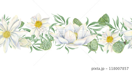 White lotus with greenery, seed head, bud flowers watercolor seamless border. Water lily and eucalyptus branches horizontal painting illustration. Tropical aquatic flower decor for wedding textile White lotus with greenery, seed head, bud flowers watercolor seamless border. Water lily and eucalyptus branches horizontal painting illustration. Tropical aquatic flower decor for wedding textile 118007857
