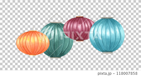 Hanging paper lantern watercolor celebrating illustration. Vibrant orange, green, purple, blue Diwali lamps for light festival of India or China. Festive composition for home decor, greeting card Hanging paper lantern watercolor celebrating illustration. Vibrant orange, green, purple, blue Diwali lamps for light festival of India or China. Festive composition for home decor, greeting card 118007858