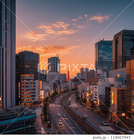 都会の街並みと夕日 118007945