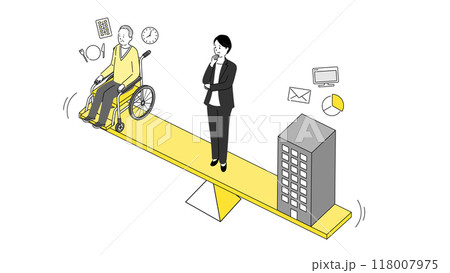 介護と仕事の両立イメージのイラスト、天秤に立つ女性ビジネスマン、ベクター 118007975