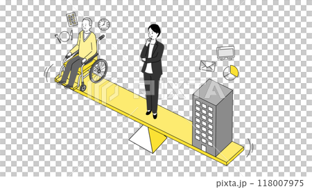 介護と仕事の両立イメージのイラスト、天秤に立つ女性ビジネスマン、ベクター 118007975