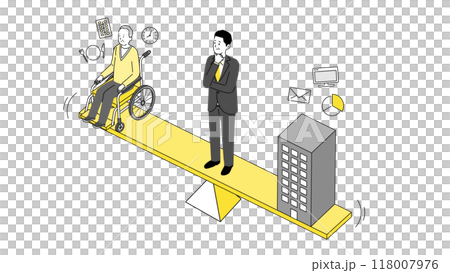 介護と仕事の両立イメージのイラスト、天秤に立つ男性ビジネスマン、ベクター 118007976